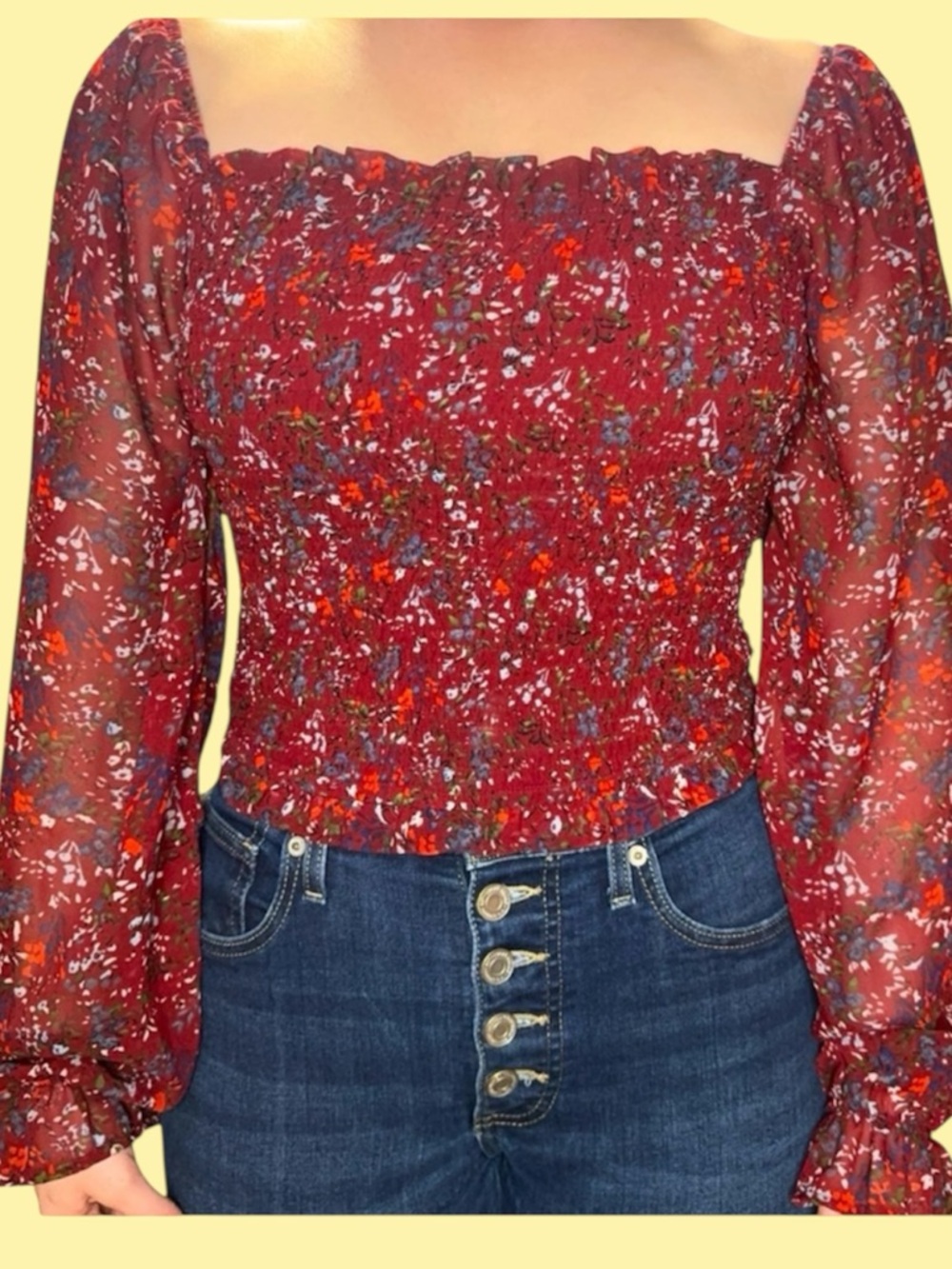 Japna Red Floral Smocked Square-Neck Blouse - Picture 1 of 4